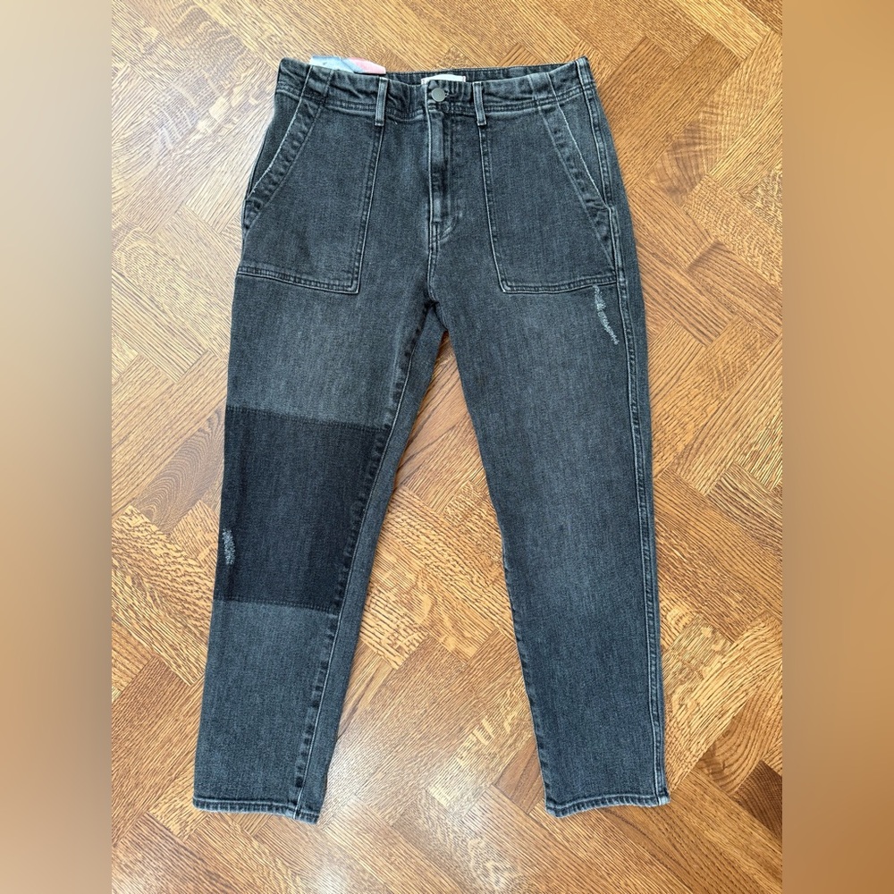SUNDRY Anthropologie Heart Patch Workwear Black Denim Jeans Cropped Grunge 29